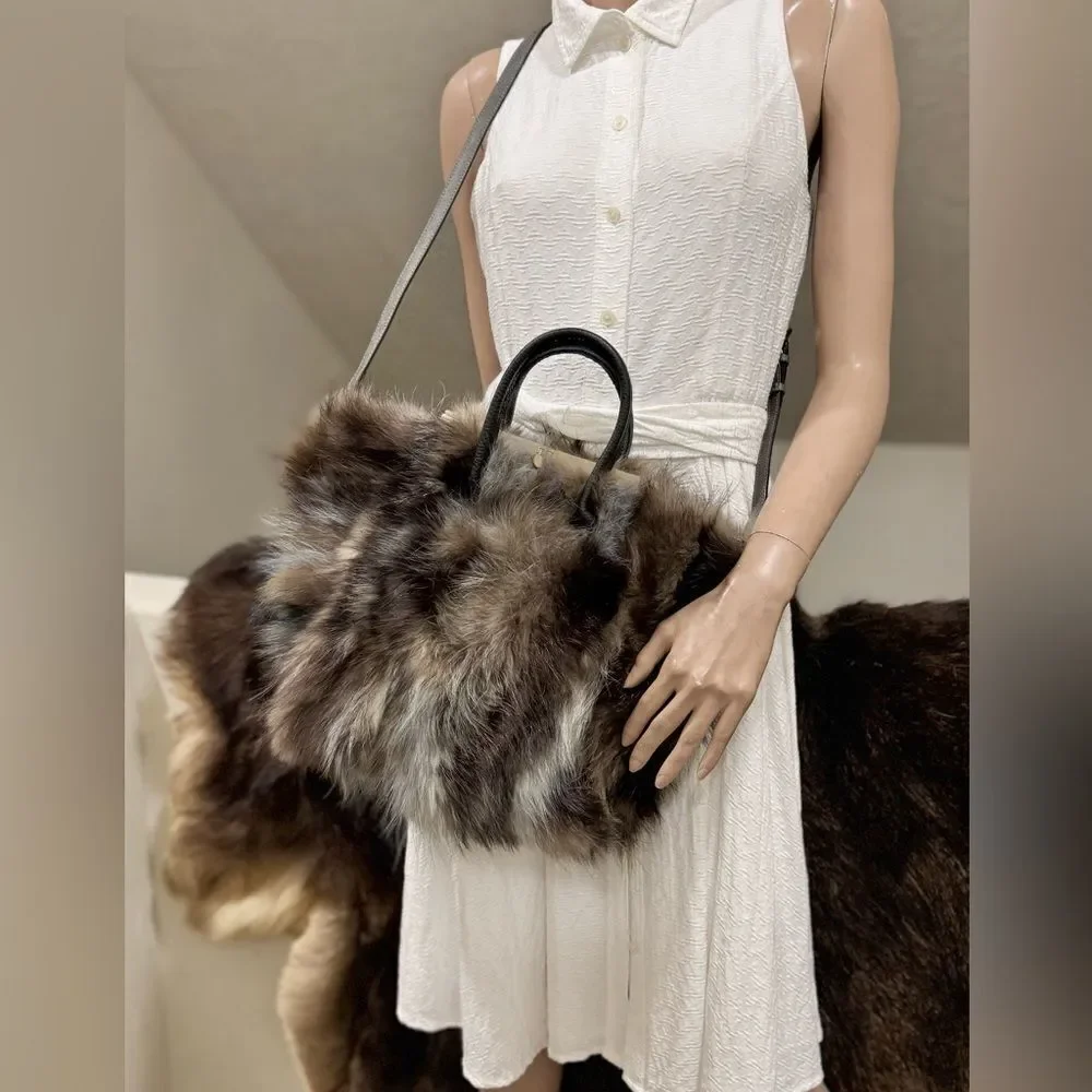 Genuine Fox Fur Handmade Large Tote/Metal Clip & Leather Handles Bag/Crossbody - Picture 11 of 16
